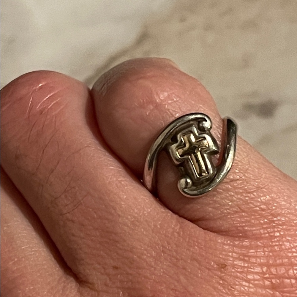 14K Gold Cross inlay, sterling silver pinky ring